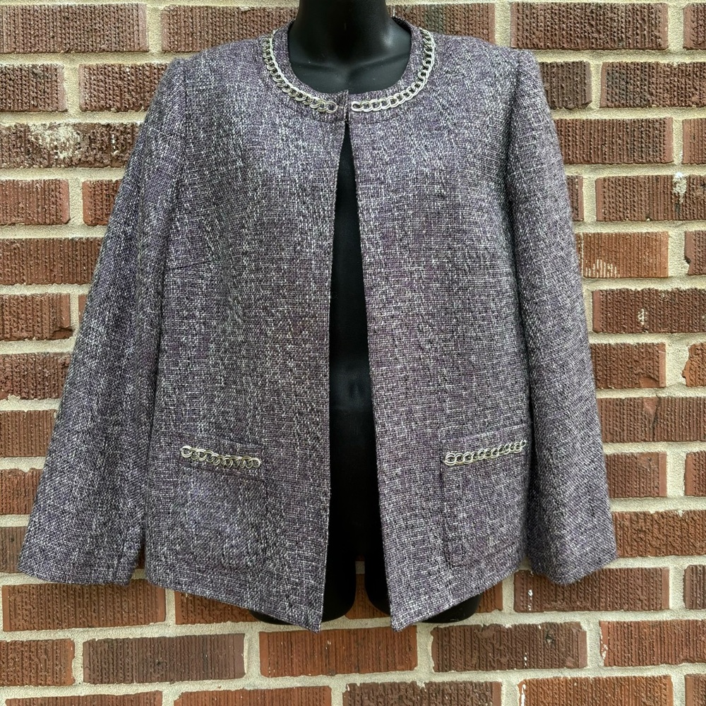 Alfred Dunner Purple Silver Cotton blend embellished Tweed Blazer Jacket Size 8